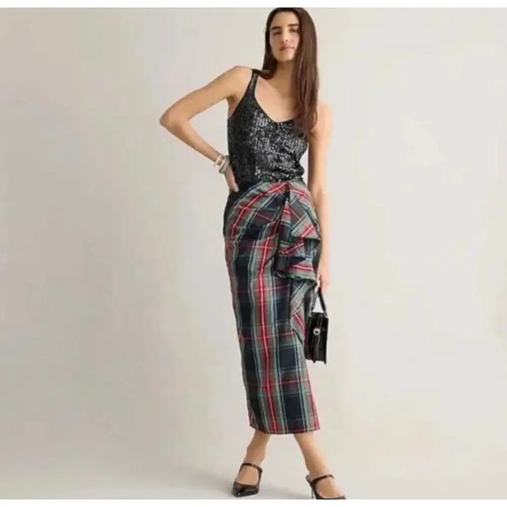 J. Crew Collection NWOT Stewart Black Red Green Tartan Long Ruffle Skirt 6 BD527